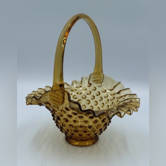 Source Unknown Other - Vintage Amber Hobnail Glass Basket Ruffled Edge Applied Handle Candy Dish